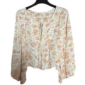 Billabong Cropped Boho Floral Flowy Tunic, Sz Large, Pink/Peach/Yellow/Ivory